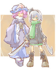 Rule 34 | 2girls, black coat, black gloves, black hairband, black ribbon, blue dress, blue headwear, boots, brown footwear, closed eyes, coat, colored eyelashes, commentary request, cross-laced footwear, dress, dual wielding, gloves, green eyes, green scarf, green skirt, grey coat, hair ribbon, hairband, hat, holding, holding sword, holding weapon, konpaku youmu, lace-up boots, long sleeves, medium hair, mob cap, multiple girls, open mouth, palms together, pink hair, ribbon, saigyouji yuyuko, scarf, skirt, smile, socks, sword, touhou, weapon, white hair, white socks, winter clothes, yamasina009
