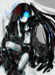 Rule 34 | 10s, 1girl, aizawa yoshihiko, bad id, bad pixiv id, belt, bikini, bikini top only, black hair, black rock shooter, black rock shooter (character), blue eyes, boots, coat, female focus, flat chest, front-tie top, gloves, glowing, glowing eyes, hatsune miku, hood, hooded jacket, jacket, katana, knee boots, long hair, midriff, navel, pale skin, short shorts, shorts, solo, star (symbol), swimsuit, sword, twintails, uneven twintails, very long hair, vocaloid, weapon, zoom layer