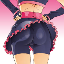 Rule 34 | 00s, 1girl, ass, ass focus, bad id, bad pixiv id, bike shorts, bike shorts under skirt, close-up, cure black, futari wa precure, gradient background, hands on own hips, latex, lowres, magical girl, misumi nagisa, pierre norano, precure, shorts, shorts under skirt, solo
