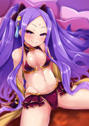 Rule 34 | 1girl, bare shoulders, bikini, blush, bow, breasts, cleavage, collarbone, commentary request, eyeliner, facial mark, fate/grand order, fate (series), forehead, forehead mark, hair bow, highres, long hair, looking at viewer, makeup, navel, parted bangs, purple bikini, purple bow, purple eyes, purple hair, sash, sitting, small breasts, smile, solo, spread legs, swimsuit, tassel, thighs, twintails, very long hair, wu zetian (fate), wu zetian (seaside luxury) (fate), yunodon (sugar maple)