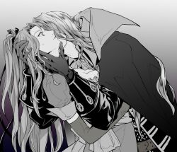Rule 34 | 1boy, 1girl, alucard (castlevania), biting, bow, breasts, cape, castlevania: symphony of the night, castlevania (series), cleavage, closed mouth, dhampir, gloves, grel (r6hgvu5), greyscale, hair ribbon, half-human, long hair, looking at viewer, maria renard, medium breasts, monochrome, neck biting, ribbon, simple background, undead, vampire, very long hair, waist bow