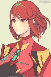 Rule 34 | 1girl, artist name, bob cut, breasts, chest jewel, closed mouth, gofelem, lips, medium hair, pyra (xenoblade), red eyes, red hair, simple background, smile, solo, swept bangs, upper body, xenoblade chronicles (series), xenoblade chronicles 2, yellow background