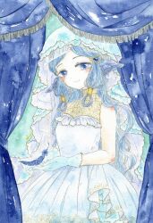 Rule 34 | 1girl, absurdres, akai0323, bare shoulders, blue curtain, blue eyes, blue feathers, blue hair, blush, closed mouth, dot nose, dress, elbow blush, eyelashes, feathers, gloves, hair ornament, hair rings, head wings, highres, long hair, original, painting (medium), shoulder blush, signature, smile, solo, traditional media, veil, very long hair, watercolor (medium), white dress, white gloves, wings