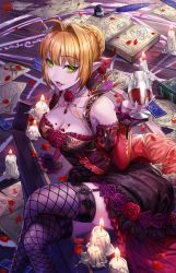 Rule 34 | 1girl, ahoge, alcohol, bare shoulders, black panties, blonde hair, book, bow, box (hotpppink), breasts, candle, choker, coffin, cup, dress, drinking glass, fate/grand order, fate (series), feathers, flower, gem, gold trim, green eyes, hair bow, highres, ink, jewelry, lace, long dress, long sleeves, applying manicure, medium breasts, nero claudius (fate), nero claudius (fate) (all), panties, pentagram, red bow, red dress, red gemstone, rose, short hair, sitting, teeth, underwear, vampire, white choker, wine, wine glass