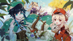 Rule 34 | 1boy, 2girls, ahoge, backpack, bag, bag charm, ball, bare shoulders, black hair, blonde hair, blue hair, blurry, blurry background, blurry foreground, bow, braid, breasts, cabbie hat, cape, charm (object), cloud, cloudy sky, detached sleeves, dress, eyepatch, fischl (genshin impact), flower, frilled sleeves, frills, gem, genshin impact, gloves, gradient hair, green eyes, green headwear, hair between eyes, hair flower, hair ornament, hair over one eye, hair ribbon, hand up, hat, highres, holding, holding ball, holding instrument, instrument, klee (genshin impact), leaf, long hair, long sleeves, looking at viewer, low twintails, lyre, male focus, medium breasts, multicolored hair, multiple girls, one eye covered, open mouth, pointy ears, red eyes, red headwear, ribbon, seigaaaa, simple background, sky, small breasts, smile, trap, twin braids, twintails, two side up, venti (genshin impact), white flower