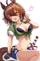 Rule 34 | 1girl, agnes tachyon (lunatic lab) (umamusume), agnes tachyon (umamusume), ahoge, alternate eye color, animal ears, bikini, black bikini, blush, breasts, brown eyes, brown hair, cleavage, commentary request, denim, denim shorts, flask, gloves, green jacket, hair between eyes, hanamura pink, heart, highres, horse ears, horse girl, horse tail, jacket, looking at viewer, medium breasts, navel, official alternate costume, round-bottom flask, shorts, simple background, single glove, sleeves rolled up, smile, solo, swimsuit, tail, teeth, tied jacket, umamusume, upper teeth only, white background, wristband