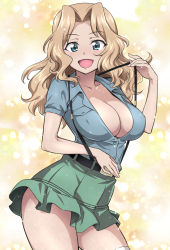 Rule 34 | 1girl, :d, aqua eyes, blonde hair, blue shirt, breasts, cleavage, collared shirt, contrapposto, cowboy shot, girls und panzer, green skirt, highres, kay (girls und panzer), large breasts, long hair, miniskirt, nakahira guy, no bra, open mouth, parted bangs, shirt, skirt, smile, solo, suspenders, thighs, wavy hair, yellow background