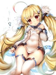 Rule 34 | 1girl, ahoge, akabane (zebrasmise), azur lane, blonde hair, blush, cowboy shot, detached sleeves, dowsing rod, dress, eldridge (azur lane), fur trim, hair ornament, halterneck, holding, long hair, looking at viewer, microdress, parted lips, red eyes, skindentation, solo, standing, thighhighs, thighs, twintails, twintails day, very long hair, water drop, white dress, white thighhighs