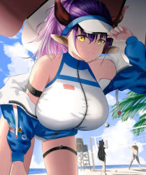 Rule 34 | 3girls, animal ears, arknights, black hair, breasts, cow ears, horns, large breasts, multiple girls, purple hair, sideroca (arknights), sideroca (light breeze) (arknights), swimsuit, thigh strap, yellow eyes