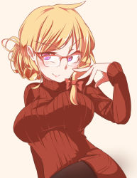 Rule 34 | 1girl, alternate costume, alternate hairstyle, bespectacled, blonde hair, breasts, closed mouth, commentary request, eyelashes, glasses, gokuu (acoloredpencil), hair ribbon, highres, large breasts, long sleeves, looking at viewer, pantyhose, parted bangs, purple eyes, red sweater, ribbon, smile, solo, sweater, touhou, turtleneck, v-shaped eyebrows, yakumo yukari