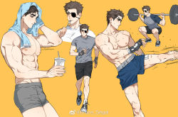 Rule 34 | 1boy, abs, anderain, artist name, bandaged hand, bandages, bara, black gloves, black shorts, blue shorts, blush, boxers, boxing shorts, brown hair, closed mouth, cup, disposable cup, exercising, eyepatch, fingerless gloves, fork, gloves, grey male underwear, grey shirt, high kick, highres, holding, holding cup, holding fork, kicking, large pectorals, male focus, male underwear, multiple views, muscular, muscular male, navel, nipples, ombra (anderain), one eye covered, original, pectorals, shirt, short hair, shorts, squatting, sweat, thighs, towel, towel around neck, underwear, utensil in mouth, weibo watermark, weightlifting, weights, white shirt