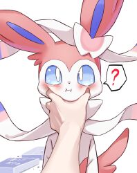 Rule 34 | 1other, ?, blue eyes, blue sclera, blush, bow, box, bright pupils, closed mouth, colored sclera, creatures (company), eating, game freak, gen 6 pokemon, katsukare, looking at another, looking at viewer, meme, meme attire, nintendo, pokemon, pokemon (creature), pov cheek grabbing (meme), ribbon, solo, sylveon, white background, white eyes, white pupils