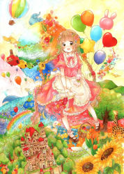 Rule 34 | 1girl, aircraft, apron, balloon, bird, blunt bangs, bow, braid, brown hair, castle, dress, elephant, flower, green eyes, highres, holding, holding clothes, hot air balloon, kotori hana, long hair, looking at viewer, marker (medium), open mouth, original, pink bow, pink dress, puffy short sleeves, puffy sleeves, rabbit, rainbow, short sleeves, smile, solo, sunflower, traditional media, tree, twin braids, very long hair, whale