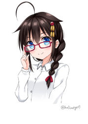 Rule 34 | 1girl, adjusting eyewear, ahoge, alternate costume, bad id, bad pixiv id, black hair, blush, bow, braid, breasts, closed mouth, collared shirt, cropped torso, dress shirt, glasses, hair between eyes, hair bow, hair ornament, hair over shoulder, hand up, hoshino kagari, kantai collection, long hair, long sleeves, looking at viewer, red-framed eyewear, red bow, shigure (kancolle), shigure kai ni (kancolle), shirt, simple background, single braid, small breasts, smile, solo, twitter username, upper body, white background, white shirt