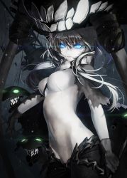 Rule 34 | 10s, 1girl, abyssal ship, bad id, bad pixiv id, black gloves, black pants, blue eyes, bodysuit, cape, covered navel, enemy aircraft (kancolle), gloves, hat, highres, kantai collection, kevinlee0711, long hair, pants, pantyhose, sidelocks, silver hair, solo, torn cape, torn clothes, torn pantyhose, wo-class aircraft carrier