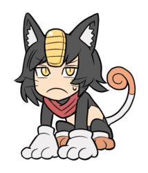 Rule 34 | 1girl, animal ear fluff, animal ears, arm support, ayyk92, black hair, brown footwear, cat ears, cat girl, cat tail, chibi, coin, cosplay, creatures (company), dungeon meshi, frown, full body, game freak, gen 1 pokemon, gloves, grey gloves, hands on floor, izutsumi, looking afar, meowth, meowth (cosplay), nintendo, object on head, paw shoes, pokemon, red scarf, scarf, short hair, simple background, slit pupils, solo, squatting, sweatdrop, tail, whiskers, white background