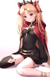 Rule 34 | 1girl, absurdres, anklet, black dress, black panties, black thighhighs, blonde hair, blunt bangs, blush, bosumonki, bow, breasts, cape, cloak, closed mouth, detached collar, dress, earrings, ereshkigal (fate), fate/grand order, fate (series), hair bow, highres, hood, hood down, jewelry, long hair, long sleeves, looking at viewer, orange eyes, panties, pantyshot, parted bangs, red bow, red cape, shadow, simple background, single thighhigh, sitting, skull, small breasts, solo, strap, thighhighs, tiara, two side up, underwear, wariza, white background
