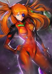 Rule 34 | 1girl, absurdres, backlighting, blue eyes, bodysuit, breasts, curvy, dutch angle, evangelion: 3.0 you can (not) redo, eyepatch, frown, glowing, glowing eye, hair between eyes, hand on own hip, highres, interface headset, long hair, looking at viewer, medium breasts, neon genesis evangelion, open clothes, orange hair, plugsuit, rebuild of evangelion, red bodysuit, revision, shiny clothes, silvester, smile, solo, souryuu asuka langley, standing, very long hair, wide hips