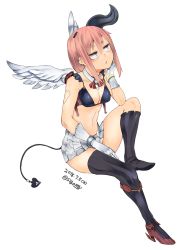 Rule 34 | 1girl, bikini, bikini top only, black thighhighs, blue eyes, boots, breasts, cleavage, dated, demon tail, ear piercing, feathered wings, full body, gloves, head rest, high heels, highres, horns, jewelry, jitome, looking away, miniskirt, original, piercing, pink hair, red hair, ring, shoes, sigama, simple background, single shoe, single thighhigh, sitting, skirt, solo, swimsuit, tail, thigh boots, thighhighs, twitter username, white background, white gloves, wings