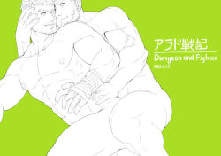 Rule 34 | 2boys, abs, anal, bandaged arm, bandages, bara, beard, character request, completely nude, dungeon and fighter, eye contact, facial hair, feet out of frame, green theme, hand on another&#039;s face, hand on another&#039;s waist, large pectorals, looking at another, lying, male focus, male penetrated, male priest (dungeon and fighter), mature male, monochrome, multiple boys, muscular, muscular male, navel, nipples, nude, on side, pectorals, sex, short hair, smile, stomach, thick thighs, thighs, xiawenjie, yaoi
