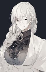 Rule 34 | 1girl, black eyes, black gemstone, braid, braided ponytail, breasts, dark background, glasses, highres, korean commentary, large breasts, long hair, looking at viewer, original, parted bangs, ponytail, smile, solo, sonnet form, upper body, white hair