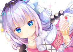 Rule 34 | 10s, 1girl, bad id, bad pixiv id, beads, black bow, blue eyes, blunt bangs, blush, bow, capelet, dragon girl, dragon horns, dress, finger to mouth, food, hair beads, hair bow, hair ornament, hairband, holding, horns, ice cream, kanna kamui, kobayashi-san chi no maidragon, long hair, long sleeves, looking at viewer, ponika, silver hair, simple background, solo, twintails