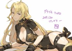 Rule 34 | 1girl, ahoge, black eyes, blonde hair, breasts, center opening, cleavage, cleavage cutout, clothing cutout, dated, earrings, gloves, granblue fantasy, hair between eyes, hair ribbon, jewelry, kakage, long hair, lying, on side, open mouth, predator (granblue fantasy), ribbon, signature, simple background, solo, turtleneck, white background