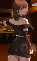 Rule 34 | 1girl, asato mai, ass, back, backlighting, bag, bar (place), bar stool, bare shoulders, black dress, blush, bracelet, breasts, bridal gauntlets, brown eyes, brown gloves, brown hair, choker, cowboy shot, dress, drop earrings, earrings, elbow gloves, expressionless, from behind, glint, gloves, hair between eyes, hand up, handbag, highres, holding, indoors, jewelry, large breasts, long hair, looking at viewer, looking back, original, ruffling hair, shoulder blades, solo, standing, stool, strapless, strapless dress, thighs