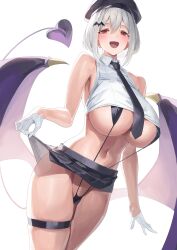 Rule 34 | 1girl, absurdres, beret, black hat, black skirt, blush, breasts, cleavage, crop top, demon girl, demon tail, demon wings, gloves, grey hair, half gloves, hat, highres, huge breasts, looking at viewer, miniskirt, navel, open mouth, original, red eyes, shirt, short hair, skirt, sleeveless, sleeveless shirt, slingshot swimsuit, smile, solo, swimsuit, tail, thigh strap, thighs, underboob, white gloves, white shirt, wings, yamanokami eaka