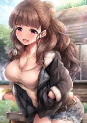 Rule 34 | 1girl, beige sweater, belt, bench, black jacket, blunt bangs, blush, breasts, brown hair, cleavage, collarbone, cutoffs, day, denim, denim shorts, garana, hair bun, hands in pockets, highres, hip focus, idolmaster, idolmaster cinderella girls, jacket, jewelry, kamiya nao, large breasts, lens flare, long hair, looking at viewer, necklace, open clothes, open jacket, open mouth, outdoors, red eyes, ribbed sweater, shorts, single hair bun, smile, solo, sunlight, sweater, thick eyebrows, tree, wavy hair