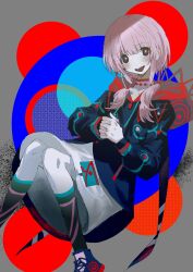 Rule 34 | 1girl, absurdres, black hoodie, blue background, blue eyes, blue footwear, blush, commentary, covered collarbone, dress, foot out of frame, grey background, hair over shoulder, hair tubes, highres, hood, hood down, hoodie, kaf (kamitsubaki studio), kamitsubaki studio, kneehighs, knees together feet apart, looking at viewer, low twintails, multicolored background, multicolored clothes, multicolored eyes, multicolored hoodie, open mouth, own hands clasped, own hands together, pale skin, pink hair, red background, red eyes, shoes, short dress, smile, socks, solo, torichikushou, turtleneck, twintails, virtual youtuber, white dress, yellow pupils