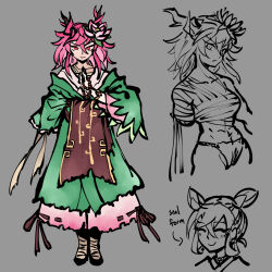 Rule 34 | alternate costume, bandages, commentary, dress, english commentary, flower, flower on head, full body, green dress, green sleeves, highres, ibaraki kasen, kaibootsu, layered dress, looking at viewer, multicolored clothes, multiple views, pink dress, pink hair, single hand, smile, touhou