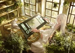 Rule 34 | 1girl, absurdres, aqua eyes, bed, bed sheet, blush, cat, commentary request, drawing tablet, dress, from above, highres, indoors, long hair, looking at viewer, looking up, miya-ki (miya key), on bed, original, plant, potted plant, sitting, solo, stylus, white dress, white hair, window