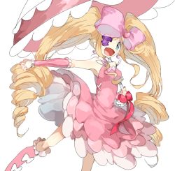 Rule 34 | 10s, 1girl, artist request, bare legs, bare shoulders, blonde hair, boots, breasts, dress, drill hair, eyepatch, female focus, frilled skirt, frilled umbrella, frills, hair ribbon, harime nui, kill la kill, long hair, pink dress, pink footwear, ribbon, simple background, skirt, solo, twin drills, umbrella, very long hair, white background, wristband
