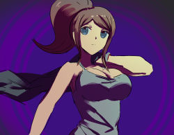 Rule 34 | 1girl, asahina aoi, bare arms, bare shoulders, black jacket, breasts, brown hair, cleavage, closed mouth, danganronpa (series), danganronpa 3 (anime), green eyes, grey shirt, holding, holding clothes, holding jacket, jacket, large breasts, long hair, ponytail, purple background, qosic, shirt, sidelocks, solo, upper body