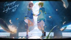 Rule 34 | 1boy, 1girl, absurdres, aky ami, azusawa kohane, bare shoulders, blonde hair, blue footwear, blue jacket, bridge, commentary request, dress, falling feathers, feathers, highres, holding hands, jacket, kagamine len, layered sleeves, long sleeves, off shoulder, project sekai, shoes, short over long sleeves, short sleeves, short twintails, shorts, single bare shoulder, sleeveless, sleeveless dress, sneakers, twintails, vivid bad squad (project sekai), vivid bad squad len, vocaloid, walking, white dress, white shorts