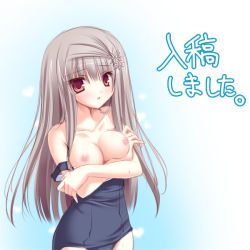 Rule 34 | 1girl, bare shoulders, breasts, clothes pull, grey hair, long hair, medium breasts, nipples, one-piece swimsuit, one-piece swimsuit pull, original, red eyes, school swimsuit, solo, swimsuit