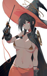 Rule 34 | 1girl, absurdres, bikini, black gloves, black hair, braid, breasts, cape, choker, cleavage, commentary, gloves, hat, highres, holding, holding wand, huang (volt0526), long hair, looking at viewer, navel, original, pink eyes, simple background, solo, swimsuit, twin braids, wand, white background, witch, witch hat