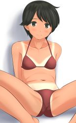 Rule 34 | 1girl, absurdres, bikini, black eyes, black hair, collarbone, flat chest, highres, kantai collection, looking at viewer, mogami (kancolle), navel, red bikini, shadow, short hair, simple background, sitting, smile, solo, spread legs, swimsuit, takafumi, tan, tanline, white background
