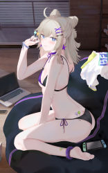Rule 34 | 1girl, :q, aa-12 (girls&#039; frontline), aa-12 (smokeless lollipop) (girls&#039; frontline), ahoge, ass, bandaid, bandaid on leg, bare arms, bare legs, bare shoulders, barefoot, between fingers, between legs, bikini, blue eyes, blush, breasts, candy, cellphone, closed mouth, commentary request, computer, cone hair bun, cushion, double bun, earrings, feet, fingernails, food, from side, full body, girls&#039; frontline, hair bun, hair ornament, hairclip, hand between legs, hand up, heart, heart-shaped pupils, highres, holding, holding food, indoors, jewelry, laptop, lollipop, looking at viewer, looking to the side, nail polish, nintendo switch, phone, purple nails, purple ribbon, ribbon, ru zhai, saliva, saliva trail, shirt, unworn shirt, side-tie bikini bottom, silver hair, sitting, small breasts, smartphone, smile, soles, solo, star (symbol), star earrings, string bikini, swimsuit, symbol-shaped pupils, tongue, tongue out, two-tone bikini, wariza, white shirt, wooden floor, wristband, x hair ornament