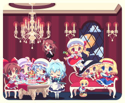 Rule 34 | 6+girls, :d, alice margatroid, apron, ascot, basket, bat wings, black dress, black headwear, black vest, blonde hair, blue dress, blue eyes, blue hair, bow, bowtie, braid, brooch, brown eyes, brown hair, buttons, cake, cake slice, candle, chair, chandelier, chestnut mouth, chibi, cloud, commentary, cookie, couch, crescent, crescent hat ornament, crystal, cup, demon wings, detached sleeves, dress, eating, closed eyes, fang, finger to mouth, fire, fire, flandre scarlet, flower, food, food in mouth, frilled bow, frilled hair tubes, frills, full moon, green bow, green neckerchief, hair between eyes, hair tubes, hairband, hakurei reimu, hat, hat ornament, hat ribbon, head wings, holding, holding basket, holding cup, holding food, indoors, izayoi sakuya, jewelry, kirisame marisa, koakuma, leaf, long hair, long sleeves, looking at another, lumine (2339), macaron, maid apron, maid headdress, medium hair, mob cap, moon, multiple girls, neckerchief, necktie, on chair, one eye closed, one side up, open mouth, patchouli knowledge, plate, puffy short sleeves, puffy sleeves, purple dress, purple eyes, purple hair, red ascot, red bow, red bowtie, red eyes, red flower, red hair, red hairband, red necktie, red ribbon, red rose, red skirt, red vest, remilia scarlet, ribbon, rose, saucer, shanghai doll, shirt, short hair, short sleeves, sidelocks, silver hair, single braid, sitting, skin fang, skirt, skirt set, smile, table, teacup, touhou, twin braids, v-shaped eyebrows, vest, white apron, white bow, white headwear, white shirt, wide sleeves, window, wings, witch hat, wrist cuffs, yellow ascot, yellow flower, yellow rose