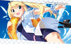 Rule 34 | 10s, 1girl, blonde hair, blue eyes, blue ribbon, breasts, cat, covered erect nipples, feet, grisaia (series), grisaia no kajitsu, hair ribbon, highres, long hair, matsushima michiru, official art, open clothes, open mouth, open shirt, outdoors, ribbon, school swimsuit, see-through, shirt, small breasts, solo, swimsuit, white shirt