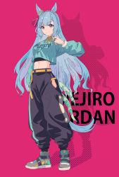 Rule 34 | 1girl, absurdres, animal ears, asymmetrical bangs, baggy pants, blonde hair, blue hair, braid, breasts, character name, closed mouth, crop top, green shirt, hand up, high tops, highres, hip vent, horse ears, horse girl, horse tail, ligne claire, long hair, long sleeves, medium breasts, mejiro ardan (umamusume), neck ribbon, pants, purple eyes, ribbon, shirt, shoes, silhouette, simple background, smile, sneakers, solo, split mouth, standing, tail, umamusume, yellow ribbon, yu yin