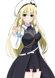 Rule 34 | &gt;:), 1girl, arm at side, armband, assault lily, belt, belt buckle, beret, black bow, black bowtie, black dress, black ribbon, blonde hair, blue eyes, blunt bangs, blush, bow, bowtie, breasts, buckle, cleavage, closed mouth, commentary, cowboy shot, dress, ekakisyun, hair tie, hand up, hat, hat ribbon, highres, jewelry, large breasts, layered dress, long hair, long sleeves, looking at viewer, o-ring, o-ring belt, ribbon, ring, shrug (clothing), sidelocks, simple background, smile, solo, standing, striped ribbon, tachihara sayu, v, v-shaped eyebrows, very long hair, white background, white belt, white hat
