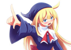 Rule 34 | 1girl, blonde hair, blue dress, blue eyes, blue hat, blush, dress, hat, highres, index finger raised, long hair, long sleeves, looking at viewer, minamonochaba, open mouth, puyopuyo, solo, teeth, upper body, white background, witch, witch (puyopuyo)