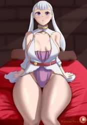 Rule 34 | 1girl, absurdres, ausoh, black clover, blush, breasts, highres, looking at viewer, medium breasts, no bra, no panties, noelle silva, purple eyes, silver hair, thick thighs, thighs, twintails