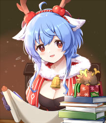 Rule 34 | ahoge, alternate costume, antler ornament, bad id, bad twitter id, bell, black gloves, blue hair, blush, book, bow, breasts, brown eyes, capelet, christmas, christmas ornaments, cleavage, ganyu (genshin impact), genshin impact, gift, gloves, horns, looking at viewer, medium breasts, merry christmas, mitsuki meia, neck bell, red capelet, rex lapis (genshin impact), scroll, sidelocks, smile, solo, stuffed animal, stuffed toy, sweatdrop, upper body