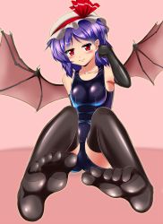 Rule 34 | 1girl, bat wings, black thighhighs, blue hair, elbow gloves, feet, foot focus, gloves, hat, hat ribbon, honda takaharu, one-piece swimsuit, red eyes, remilia scarlet, ribbon, school swimsuit, shiny clothes, skindentation, soles, solo, swimsuit, thighhighs, third eye, touhou, wings