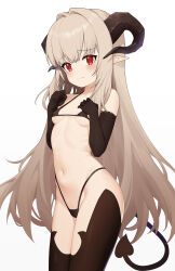 Rule 34 | 1girl, absurdres, bikini, black bikini, black gloves, black horns, black tail, black thighhighs, blush, breasts, closed mouth, commission, cowboy shot, curled horns, demon girl, demon horns, demon tail, elbow gloves, embarrassed, gloves, hair intakes, hands up, heart, heart tail, highleg, highleg bikini, highres, horns, light brown hair, long hair, looking at viewer, micro bikini, navel, original, pg (pege544), pixiv commission, pointy ears, red eyes, simple background, small breasts, solo, stomach, swimsuit, tail, thighhighs, very long hair, white background