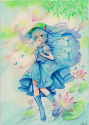 Rule 34 | 1girl, artist name, backpack, bag, blue eyes, blue hair, blush, boots, bubble, dated, flower, full body, hair bobbles, hair ornament, hat, highres, kawashiro nitori, key, leaf, looking at viewer, lotus, matching hair/eyes, mosho, open mouth, painting (medium), pocket, puffy sleeves, rubber boots, shirt, short hair, short sleeves, skirt, skirt set, smile, solo, touhou, traditional media, twintails, two side up, vest, water, watercolor (medium), white shirt